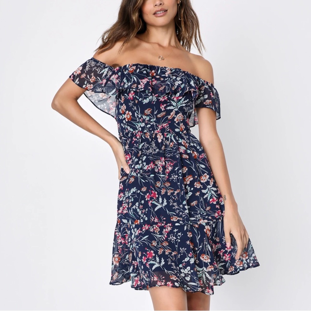 Like New Lulus My Favorite Floral Print Navy Blue Mini Dress in Women's Small